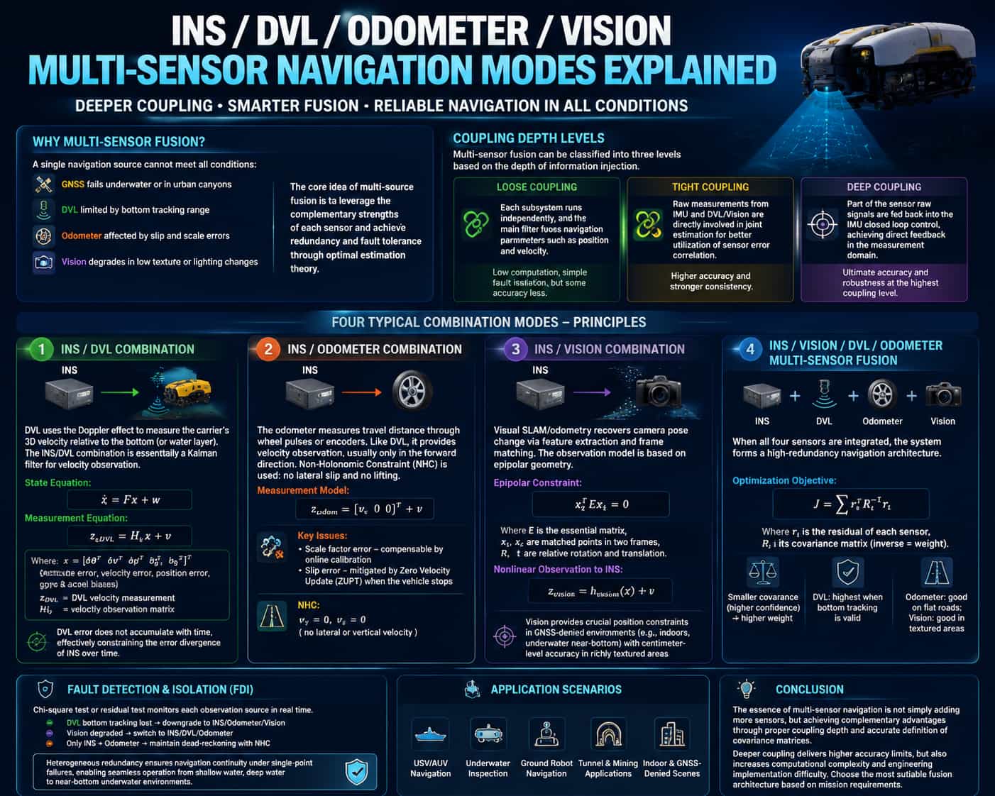 Analysis of Multi-Sensor Integrated Navigation Modes: INS/DVL/Odometer/Vision