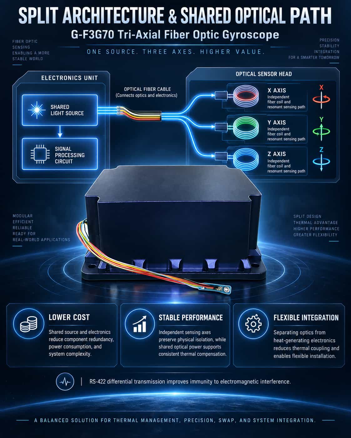 Design Logic of the G-F3G70 Tri-axial Fiber Optic Gyroscope: Split Architecture and Shared Optical Path for Three Axes