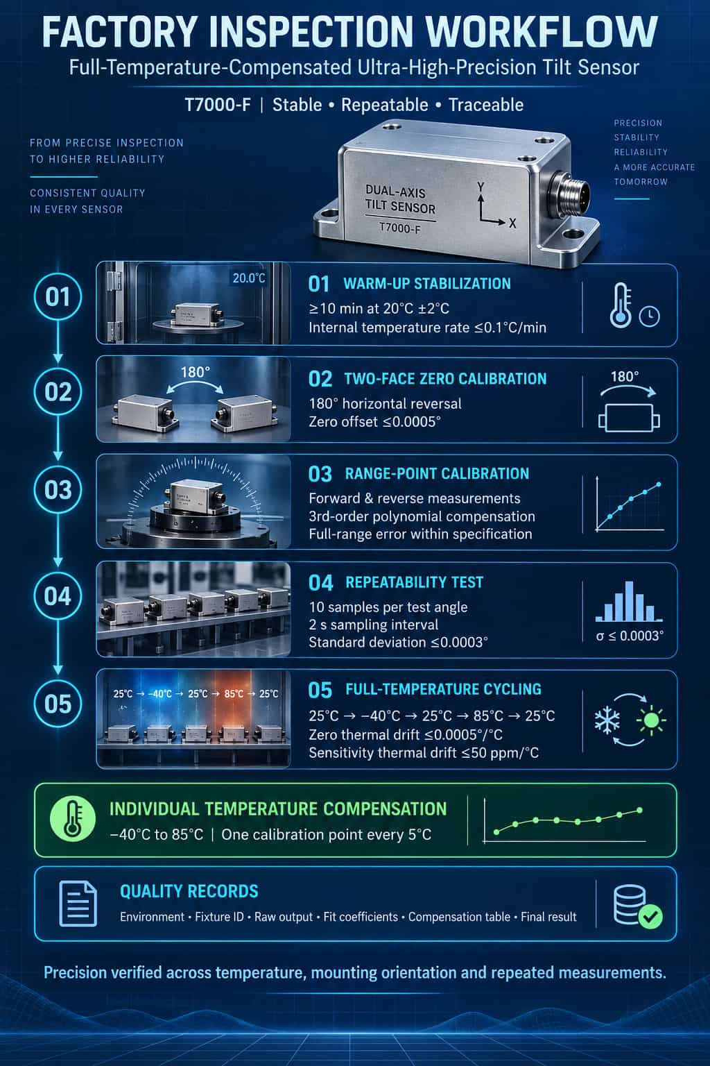 Factory Inspection Procedure for Fully Temperature-Compensated, Ultra-High-Precision Inclinometers