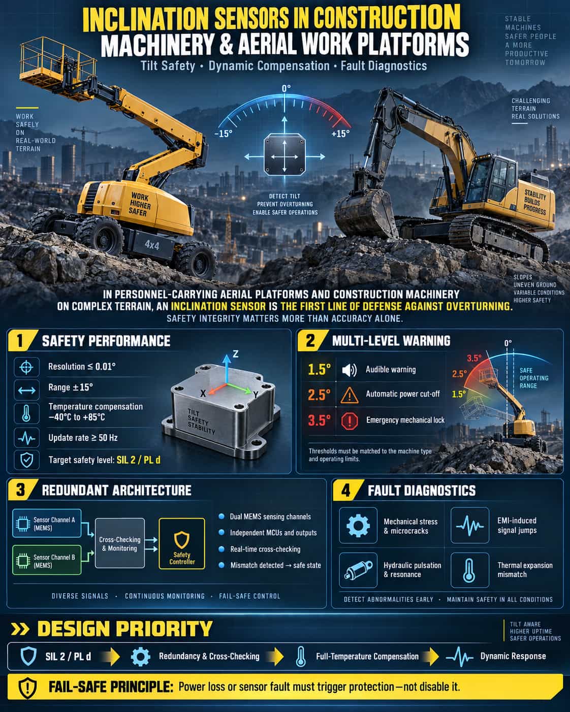 Inclinometers in Construction Machinery and Aerial Work Platforms: Tilt Safety, Dynamic Compensation, and Fault Diagnosis