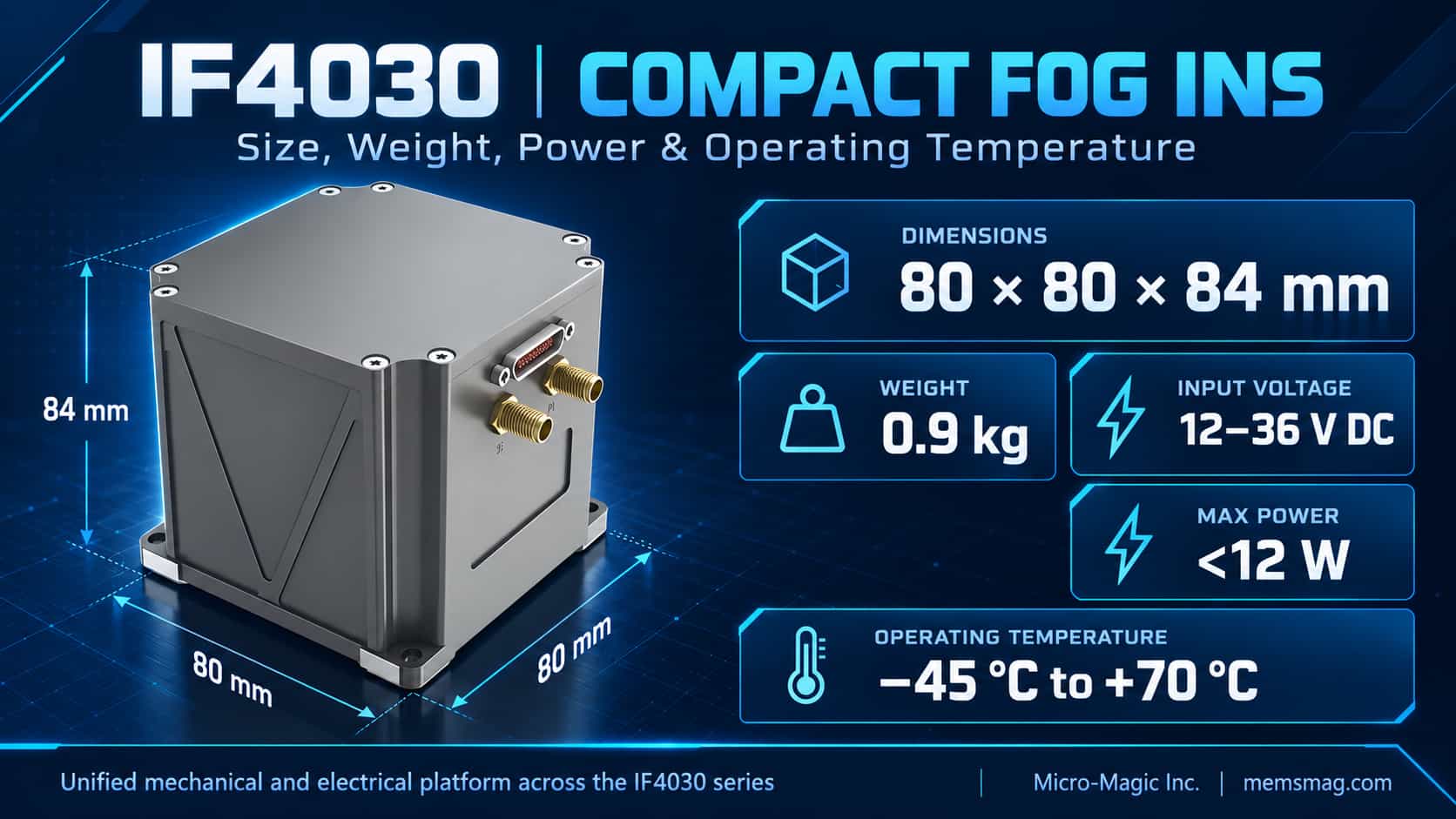 Detailed Specifications for the IF4030 Fiber-Optic Inertial Navigation System: Dimensions, Weight, Power Consumption, and Operating Temperature Range